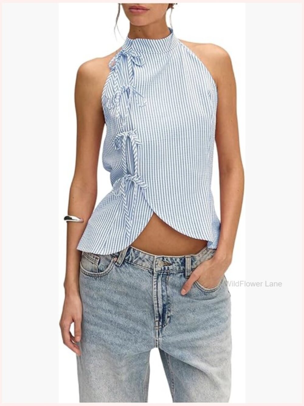 Striped Tie Front Halter Top Sleeveless Open Back Asymmetrical Tank Top - Picture 1 of 4